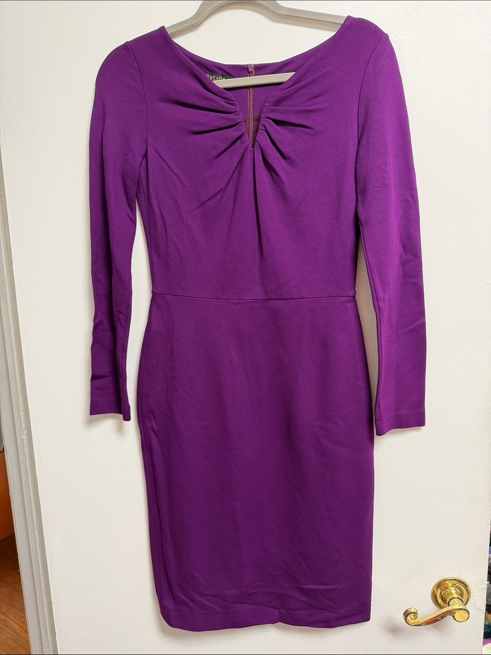 Escada Deep Purple Long-Sleeve Ponte Knit Fitted Notch V-Neck Sheath Dress 34 2